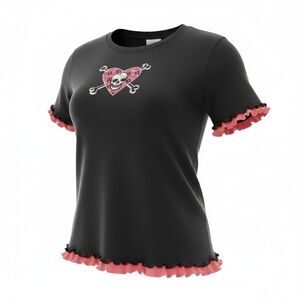 Love Peace & Lazy Days (LPLD) Black/Pink white Skull/ Ruffle hem cuff Women L